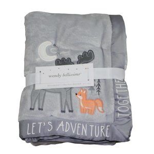 Wendy Bellissimo Woodland Collection Moose Fox Baby Blanket Gray Satin Edge NWT